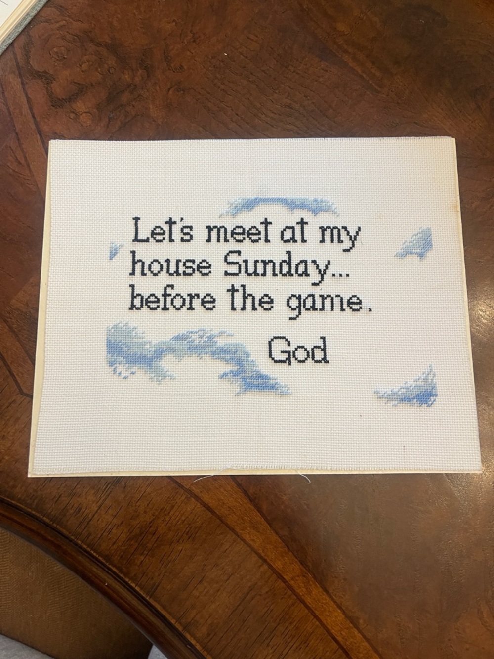 Vintage Handmade Blue and White Cross-Stitch Wall Art - Inspirational Quote